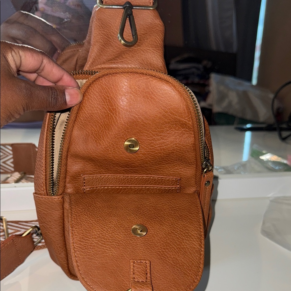 Anthropologie Tan Backpack With Patterned Strap - image 4